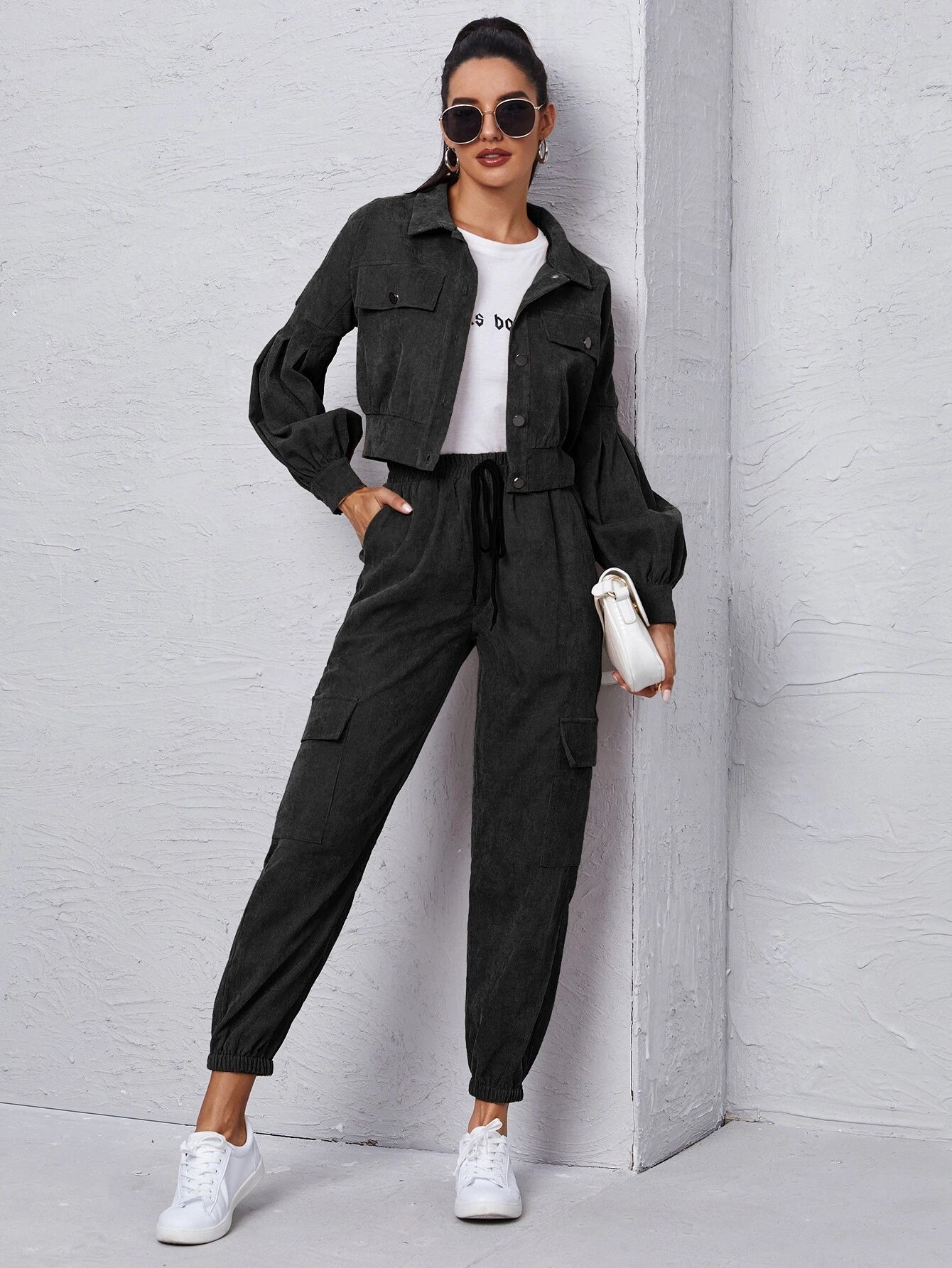 Mulvari Corduroy Flap Detail Jacket With Tie Front Cargo Pants shein