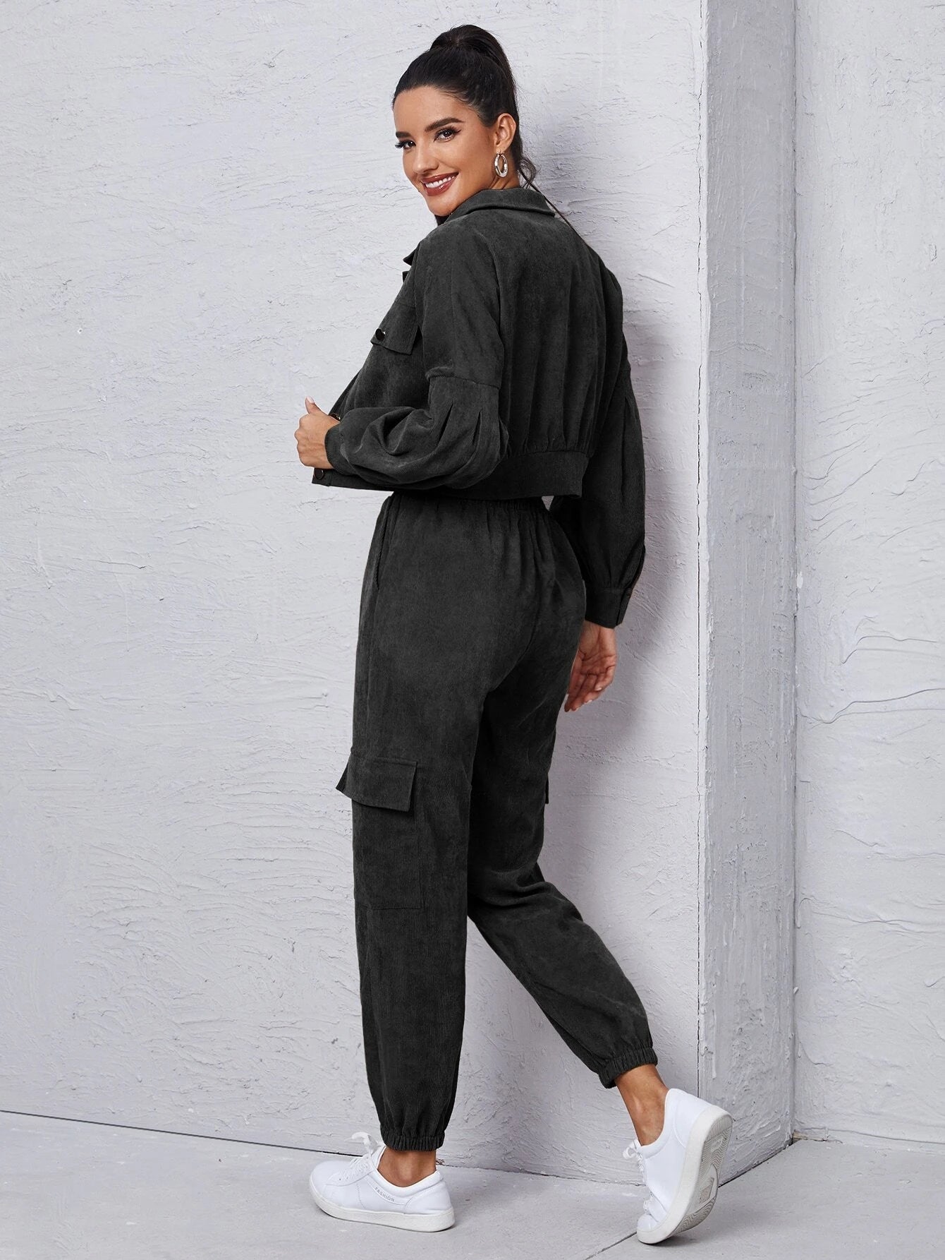 Mulvari Corduroy Flap Detail Jacket With Tie Front Cargo Pants shein