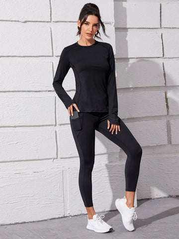 Running Thumb Holes Sports Tee With Phone Pocket Leggings shein