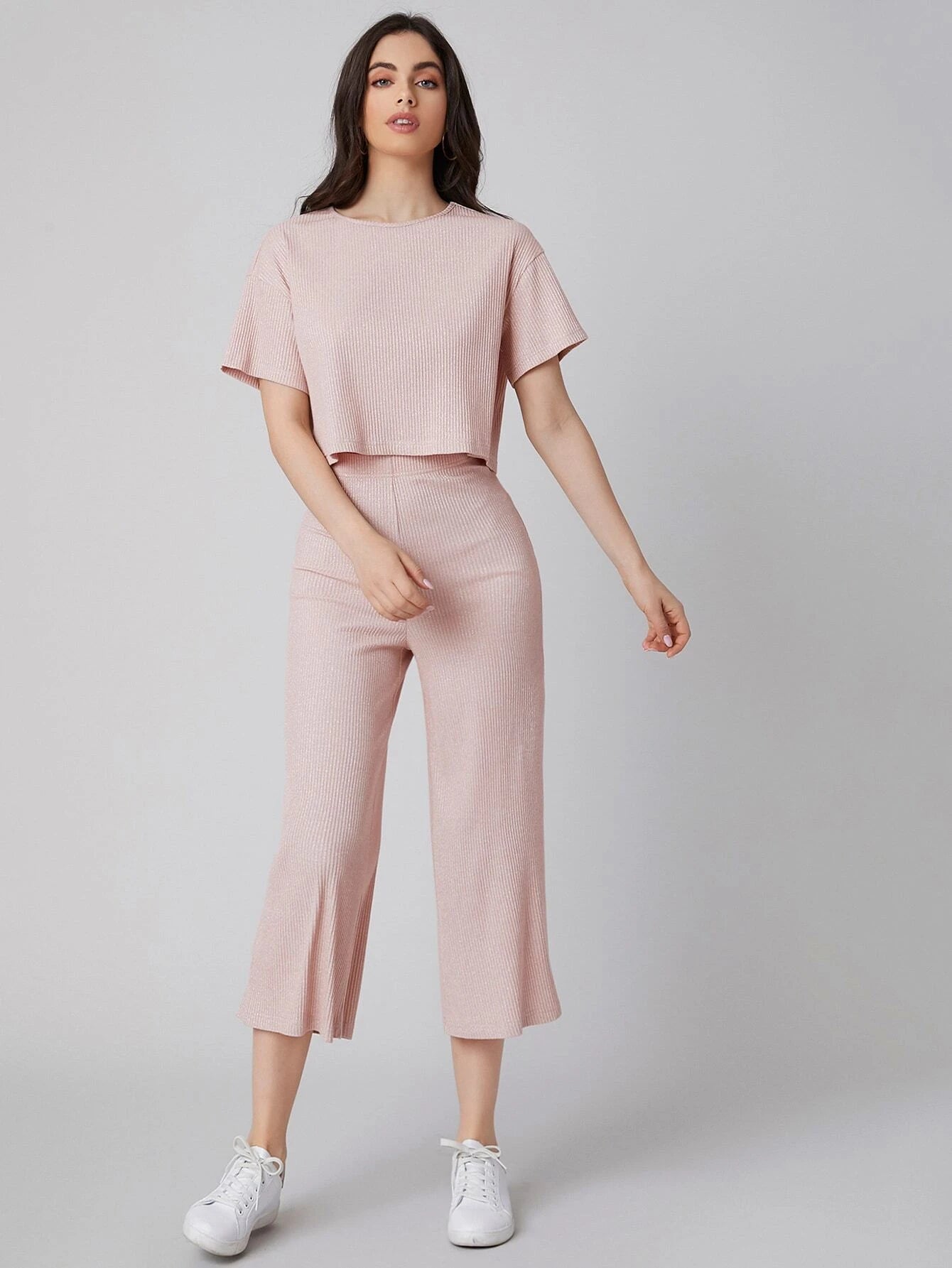 Mulvari Drop Shoulder Rib-knit Top & Capris Pants Set shein