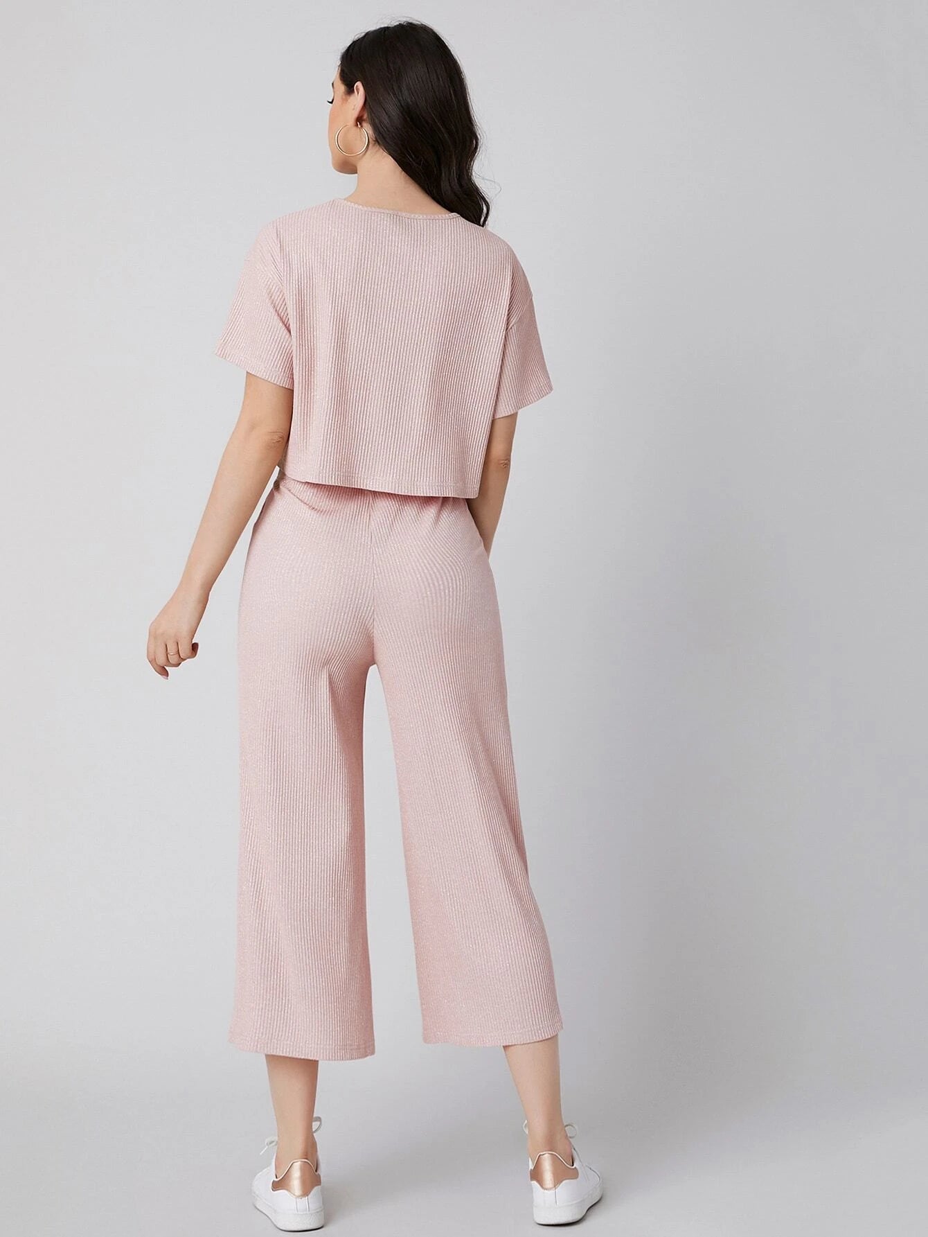 Mulvari Drop Shoulder Rib-knit Top & Capris Pants Set shein