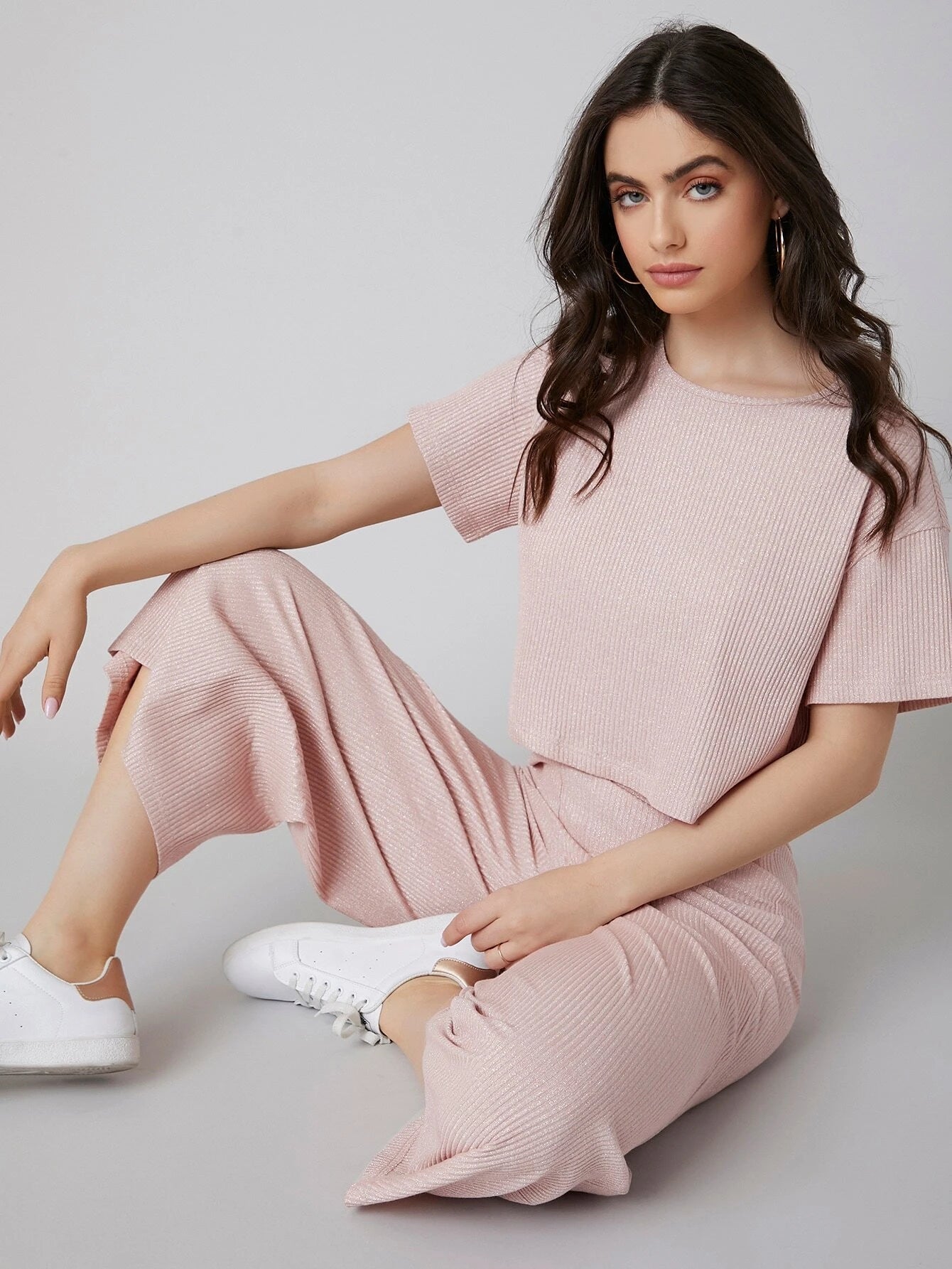 Mulvari Drop Shoulder Rib-knit Top & Capris Pants Set shein