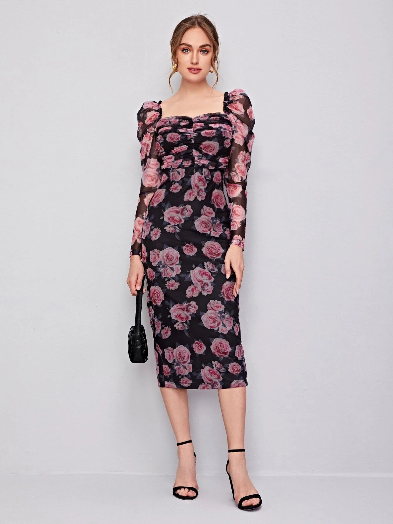 Clasi Ruched Detail Gigot Sleeve Floral Mesh Dress shein