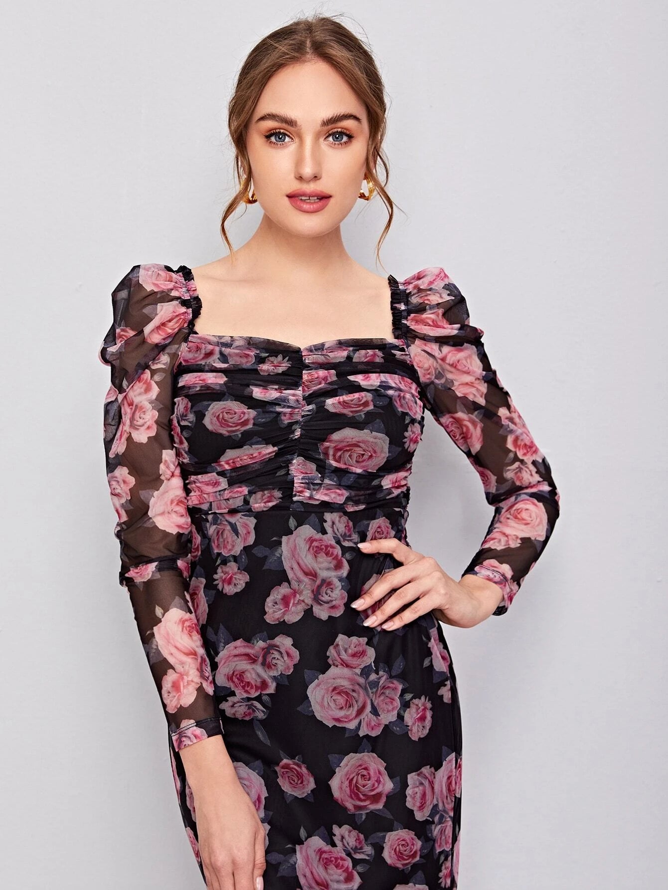 Clasi Ruched Detail Gigot Sleeve Floral Mesh Dress shein