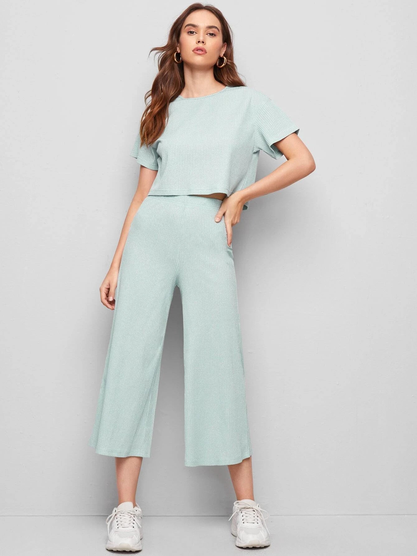 Mulvari Drop Shoulder Rib-knit Top & Capris Pants Set shein