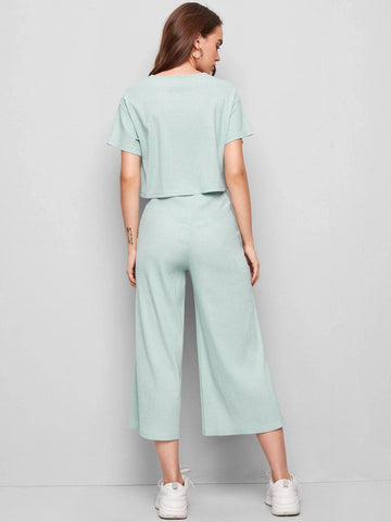 Mulvari Drop Shoulder Rib-knit Top & Capris Pants Set