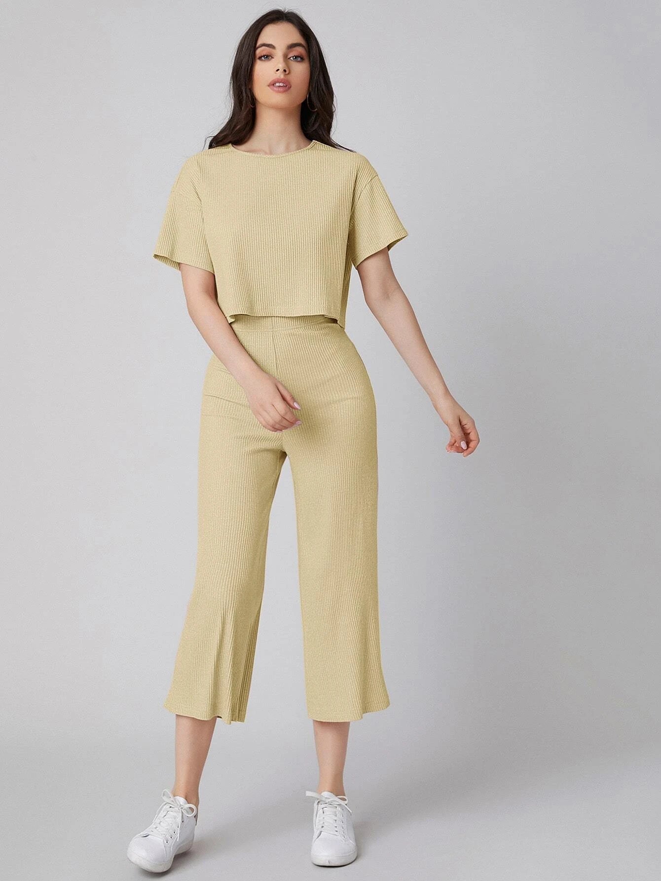 Mulvari Drop Shoulder Rib-knit Top & Capris Pants Set shein
