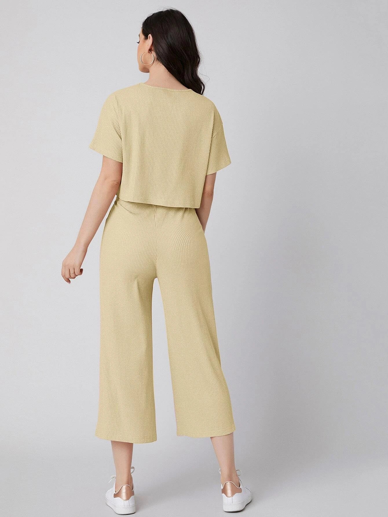 Mulvari Drop Shoulder Rib-knit Top & Capris Pants Set shein