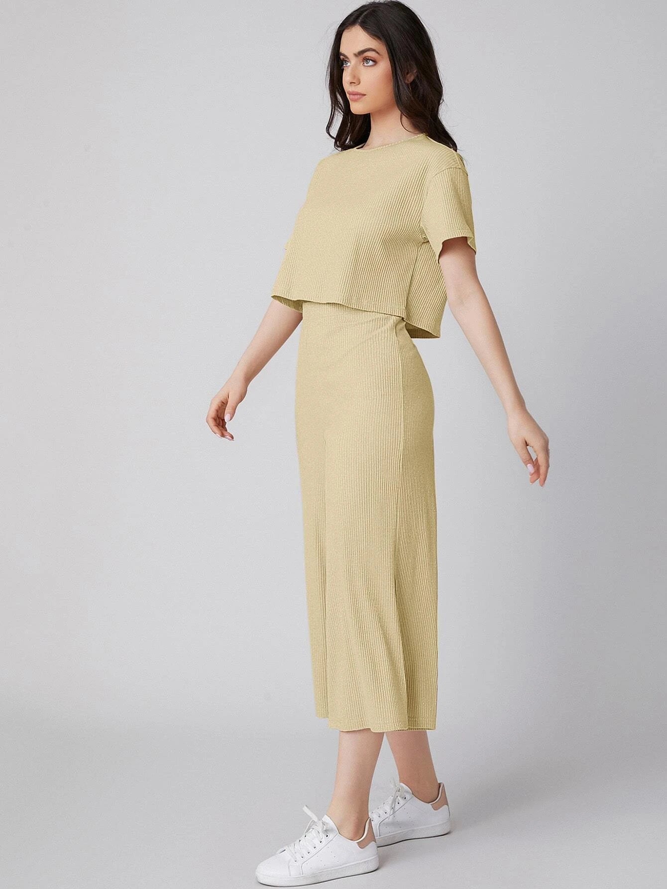 Mulvari Drop Shoulder Rib-knit Top & Capris Pants Set shein