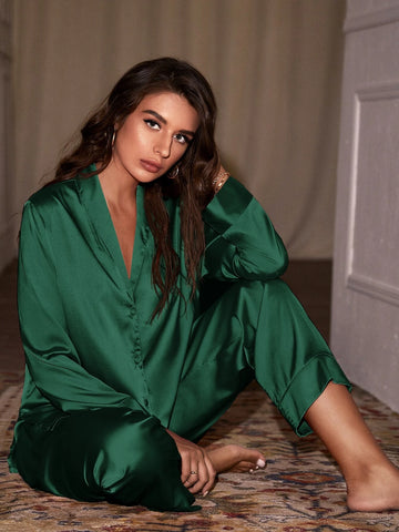 Shawl Collar Solid Satin PJ Set / Pajama Set shein