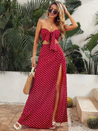 VCAY Polka Dot Tie Front Crop Tube Top & Split Thigh Skirt Set shein