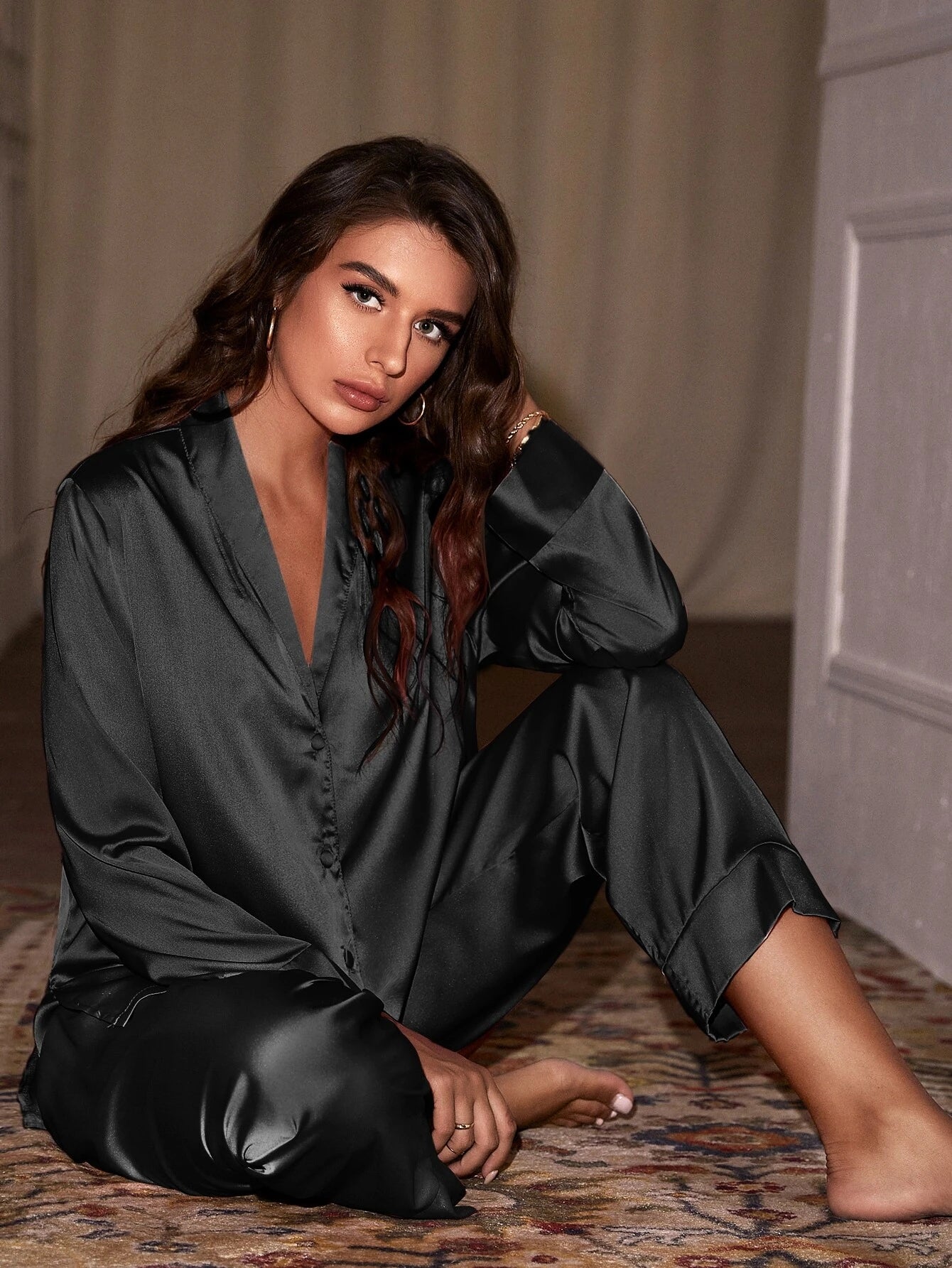 Shawl Collar Solid Satin PJ Set / Pajama Set shein