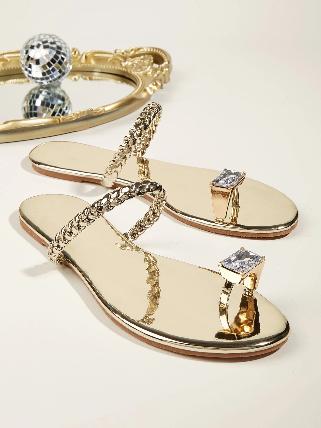 Metallic Rhinestone Decor Braided Thong Sandals shein