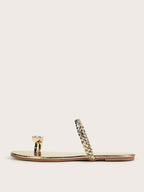 Metallic Rhinestone Decor Braided Thong Sandals shein