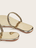 Metallic Rhinestone Decor Braided Thong Sandals shein
