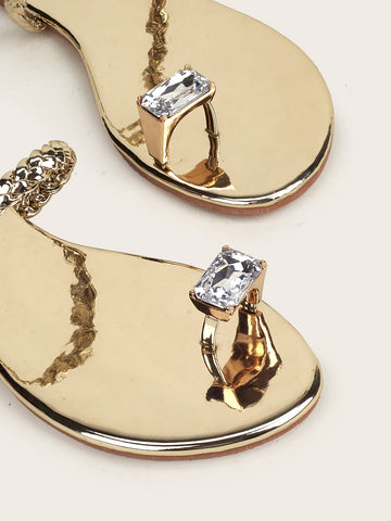 Metallic Rhinestone Decor Braided Thong Sandals