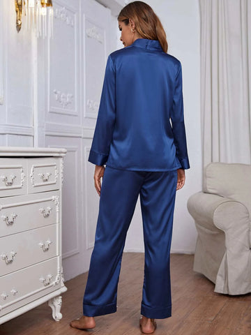 Shawl Collar Solid Satin PJ Set / Pajama Set shein