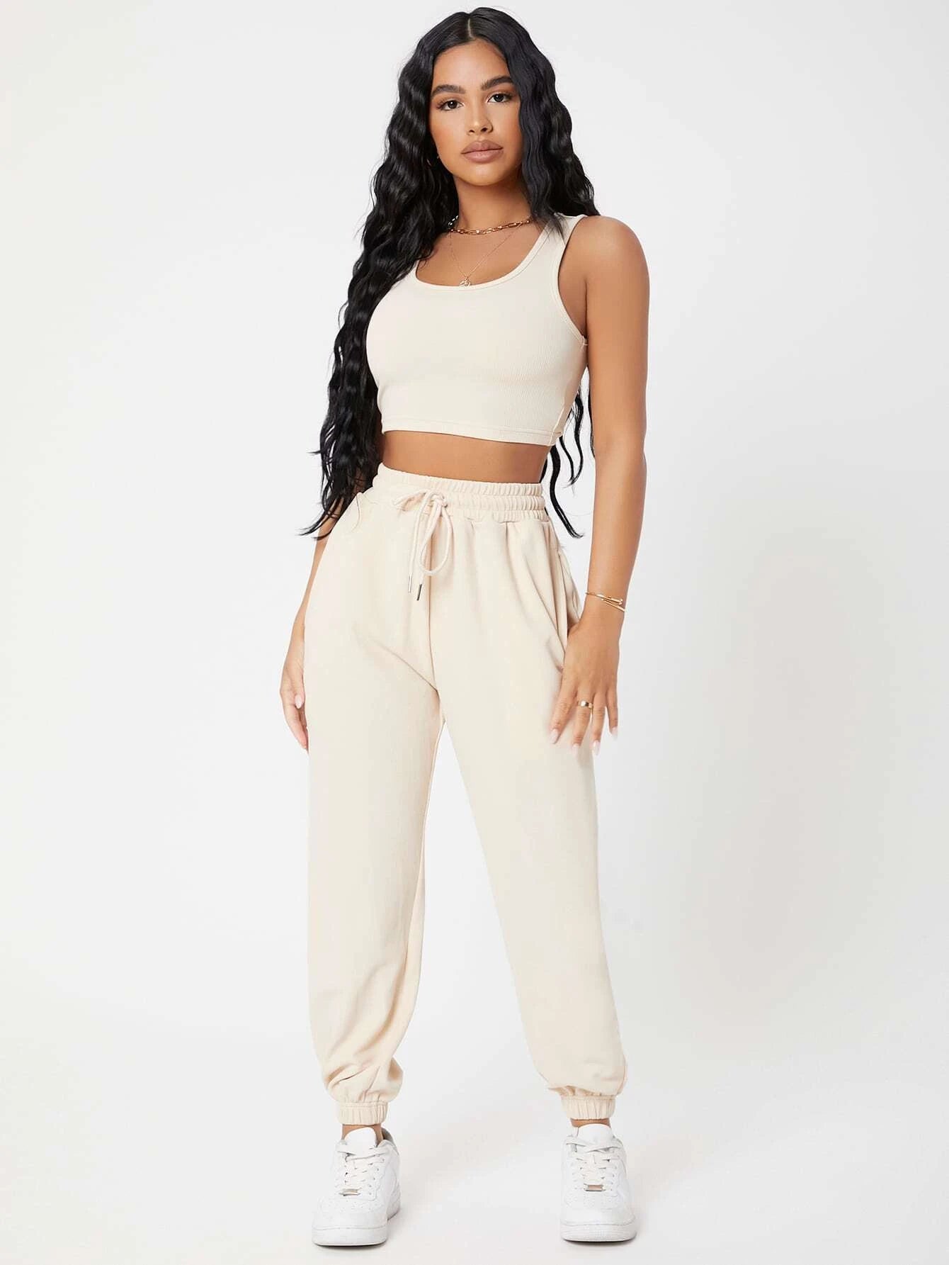 PETITE Solid Crop Tank Top And Joggers Set shein