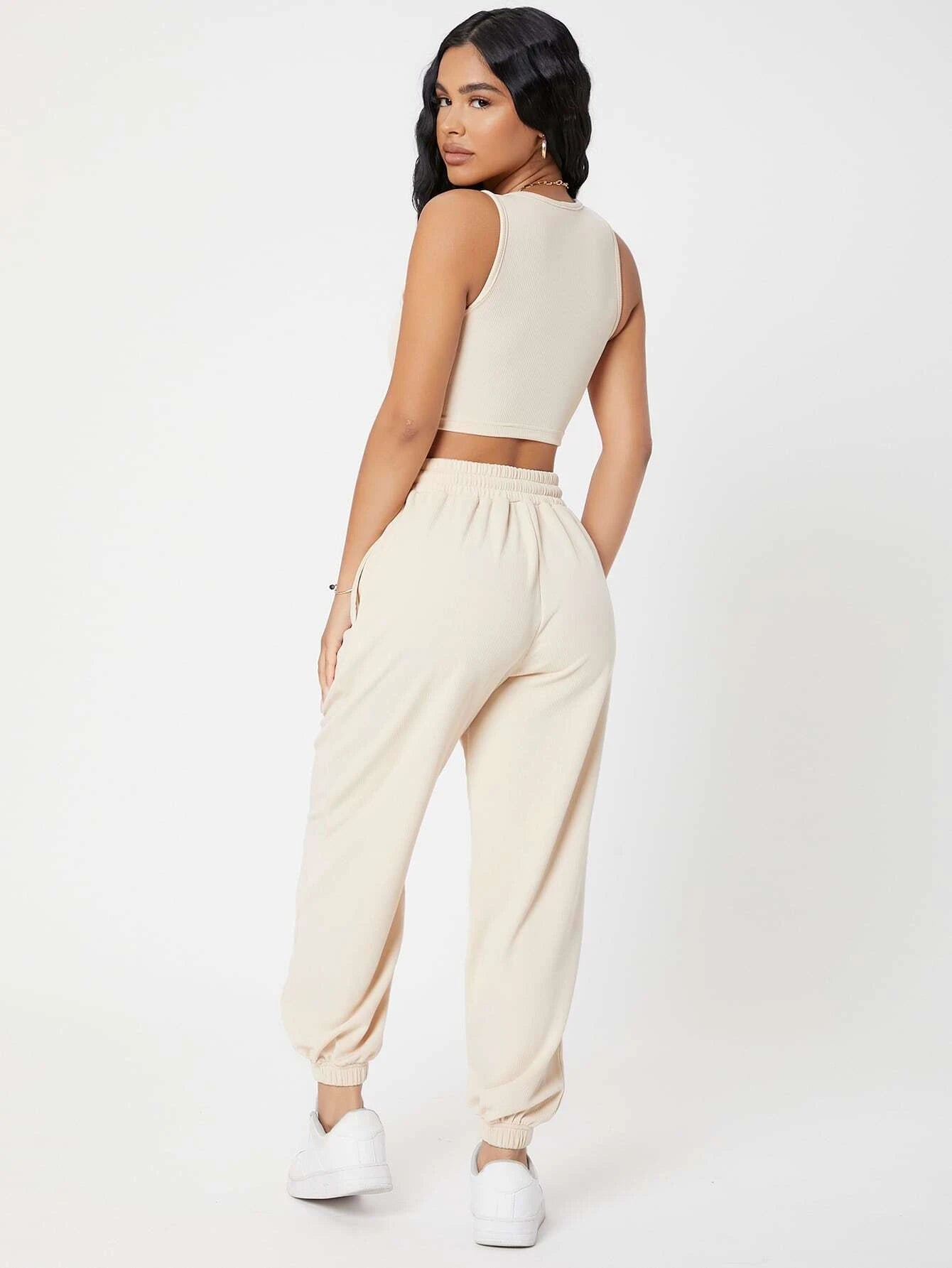 PETITE Solid Crop Tank Top And Joggers Set shein