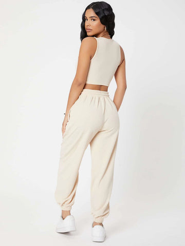 PETITE Solid Crop Tank Top And Joggers Set