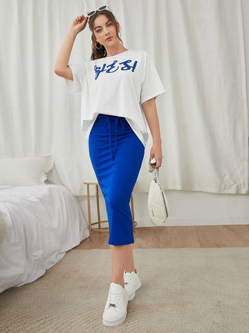 Mulvari Letter Graphic Tee & Split Hem Skirt shein