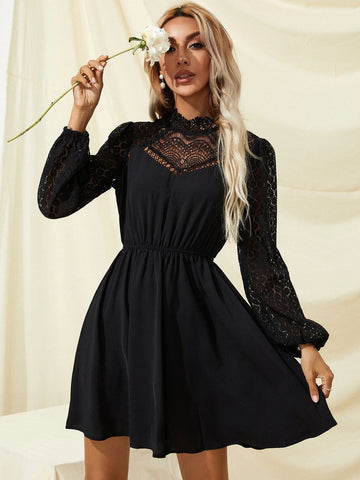 Frenchy Solid Eyelet Lace Dress shein