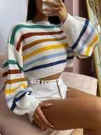 EZwear Stripe Pattern Lantern Sleeve Sweater shein