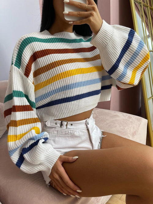 EZwear Stripe Pattern Lantern Sleeve Sweater shein