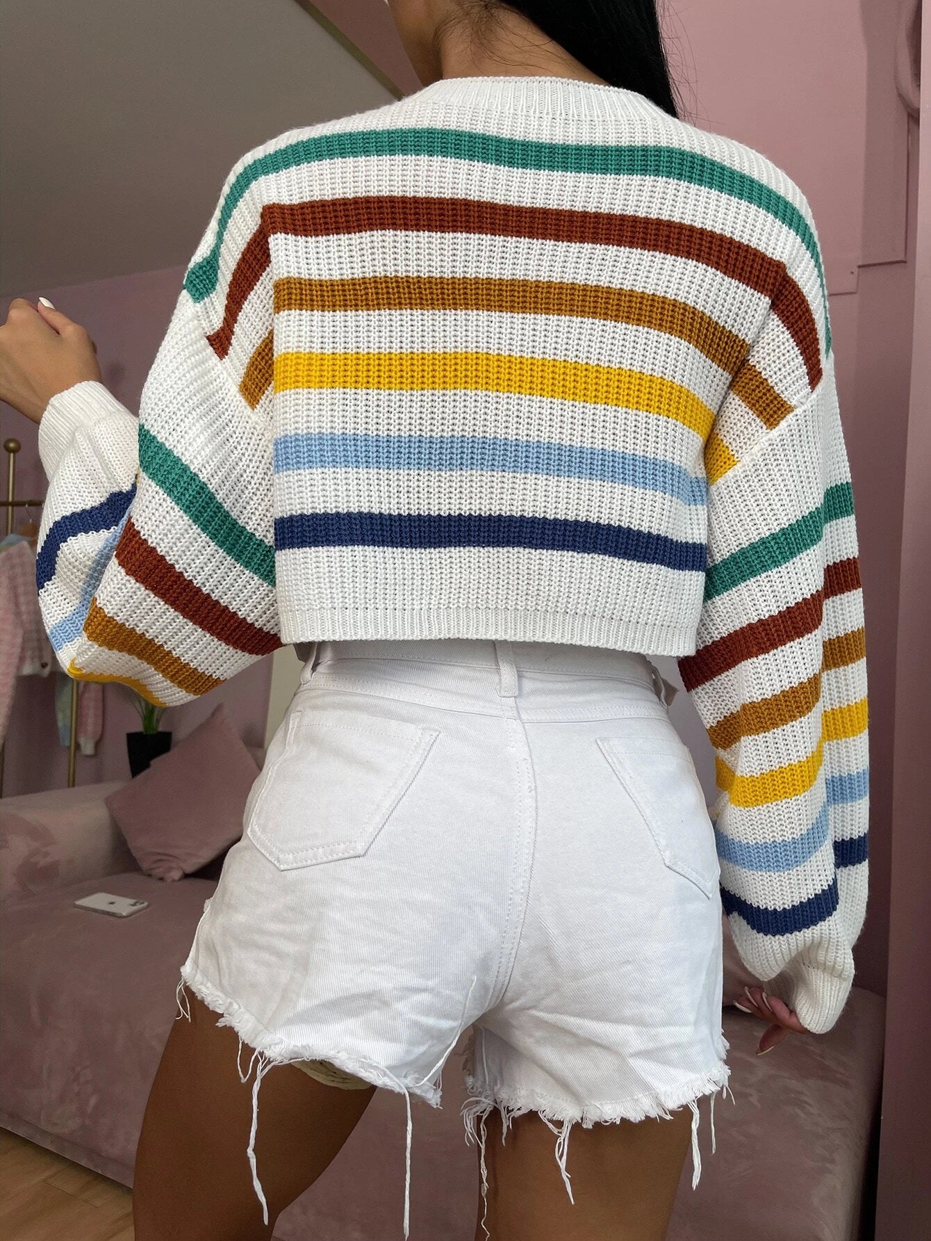 EZwear Stripe Pattern Lantern Sleeve Sweater shein