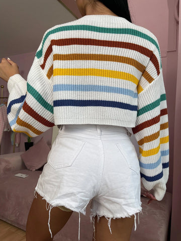 EZwear Stripe Pattern Lantern Sleeve Sweater