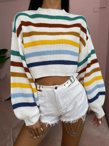 EZwear Stripe Pattern Lantern Sleeve Sweater