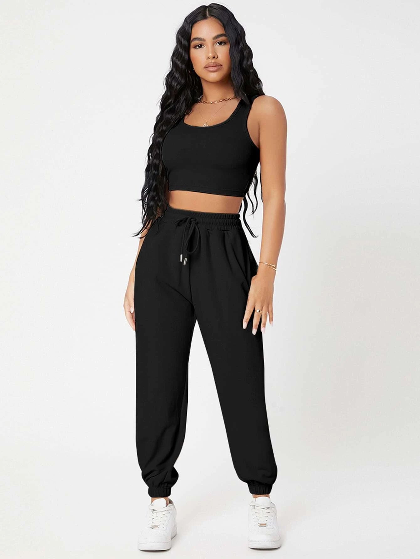 PETITE Solid Crop Tank Top And Joggers Set shein
