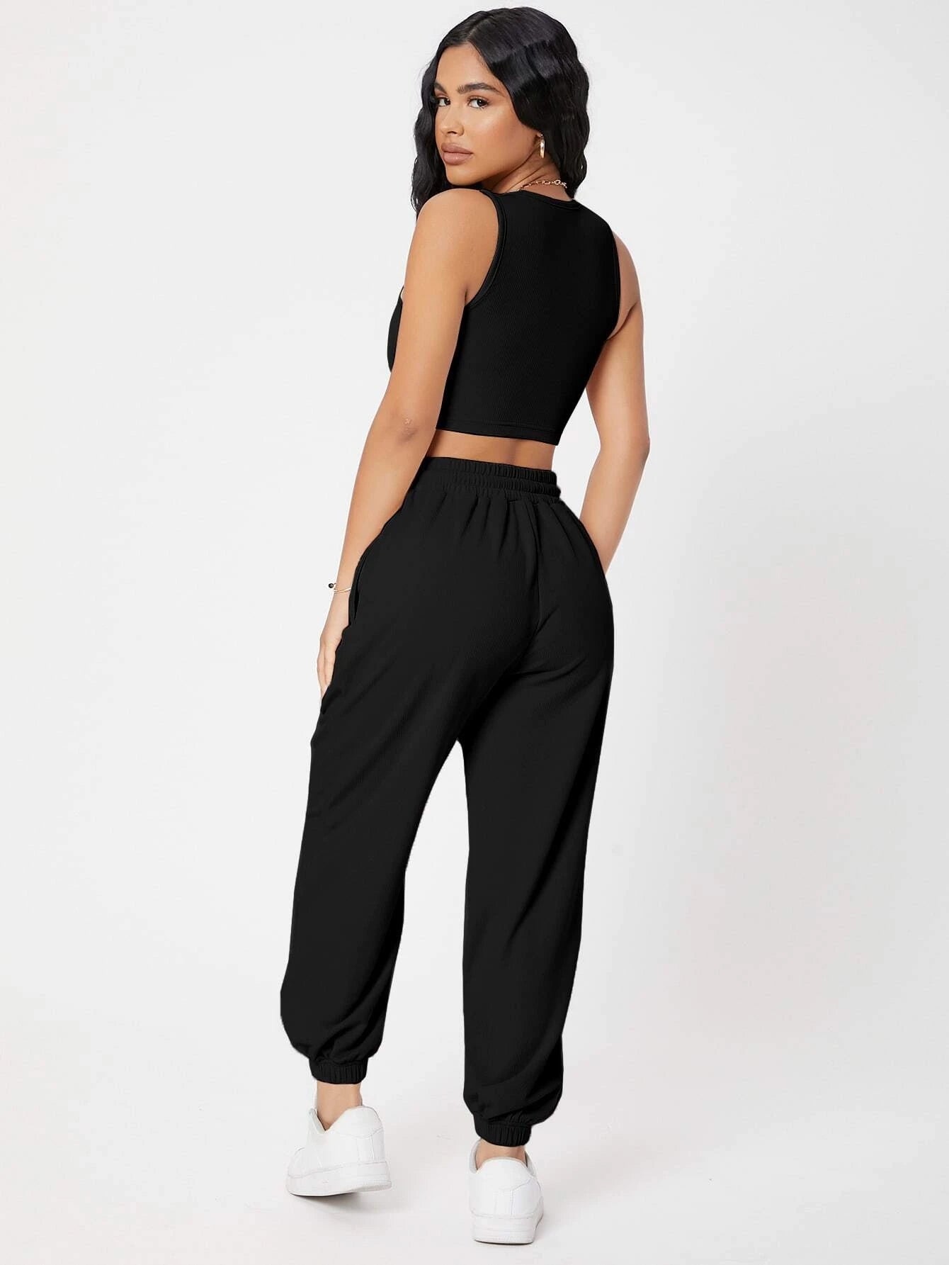 PETITE Solid Crop Tank Top And Joggers Set shein