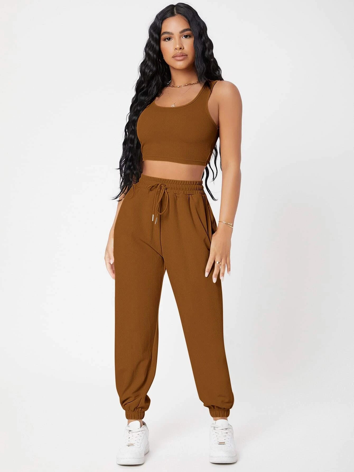 PETITE Solid Crop Tank Top And Joggers Set shein