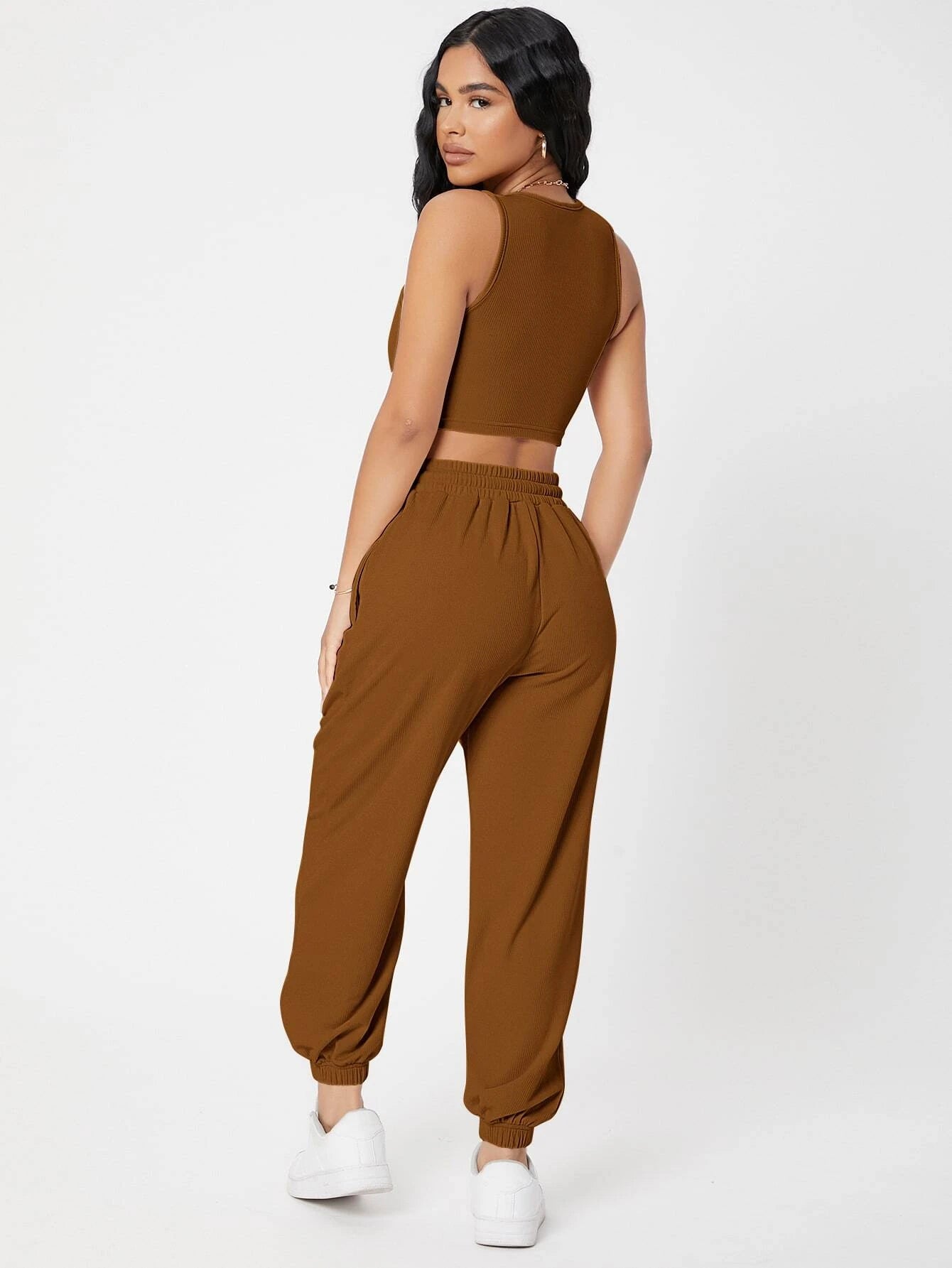 PETITE Solid Crop Tank Top And Joggers Set shein