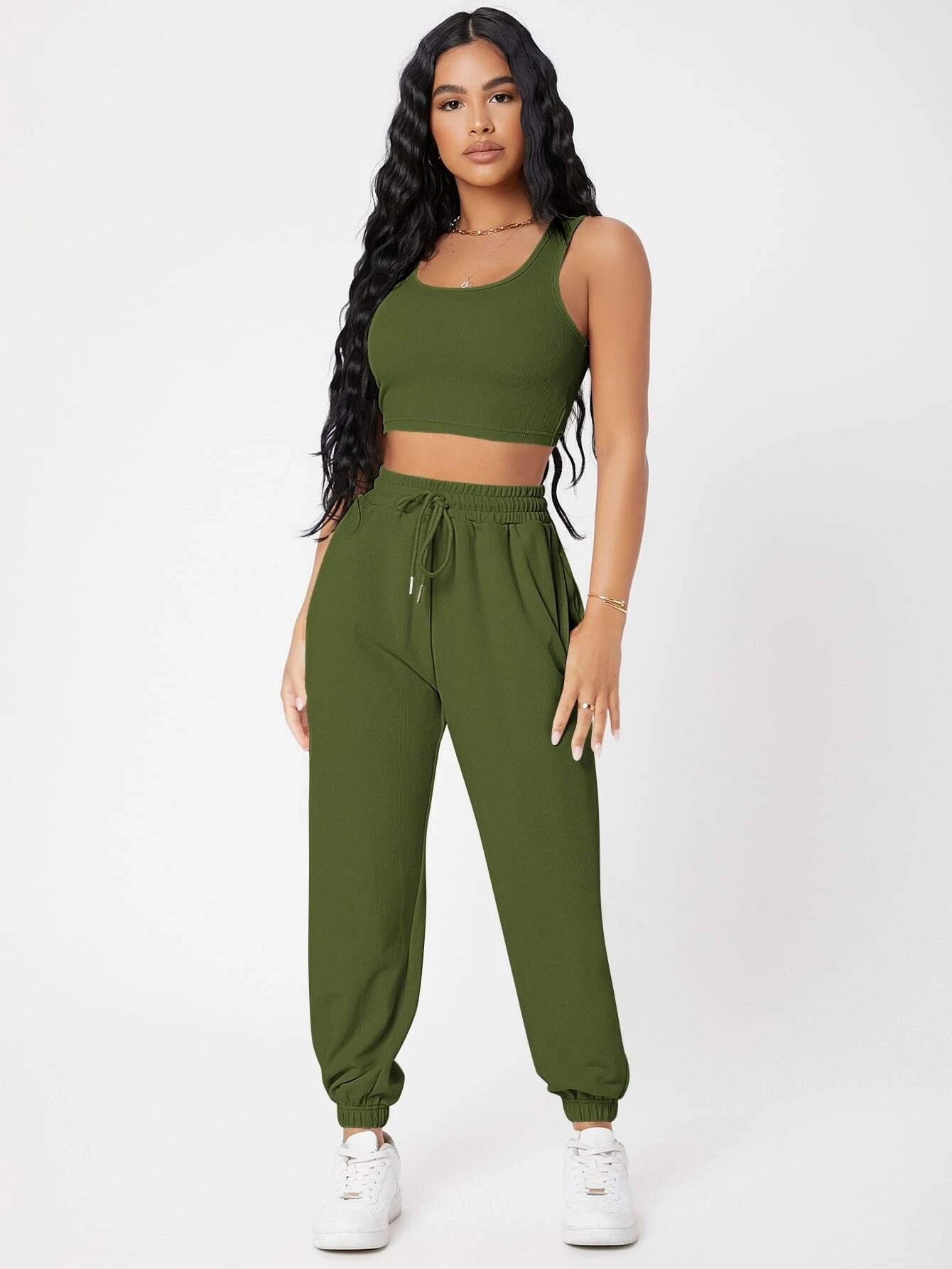 PETITE Solid Crop Tank Top And Joggers Set shein