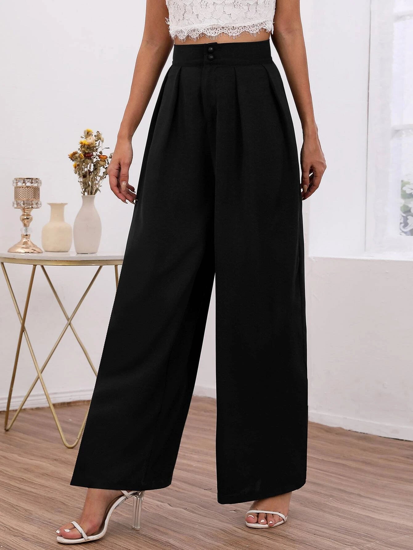 Frenchy High Waist Fold Pleated Wide Leg Pants shein