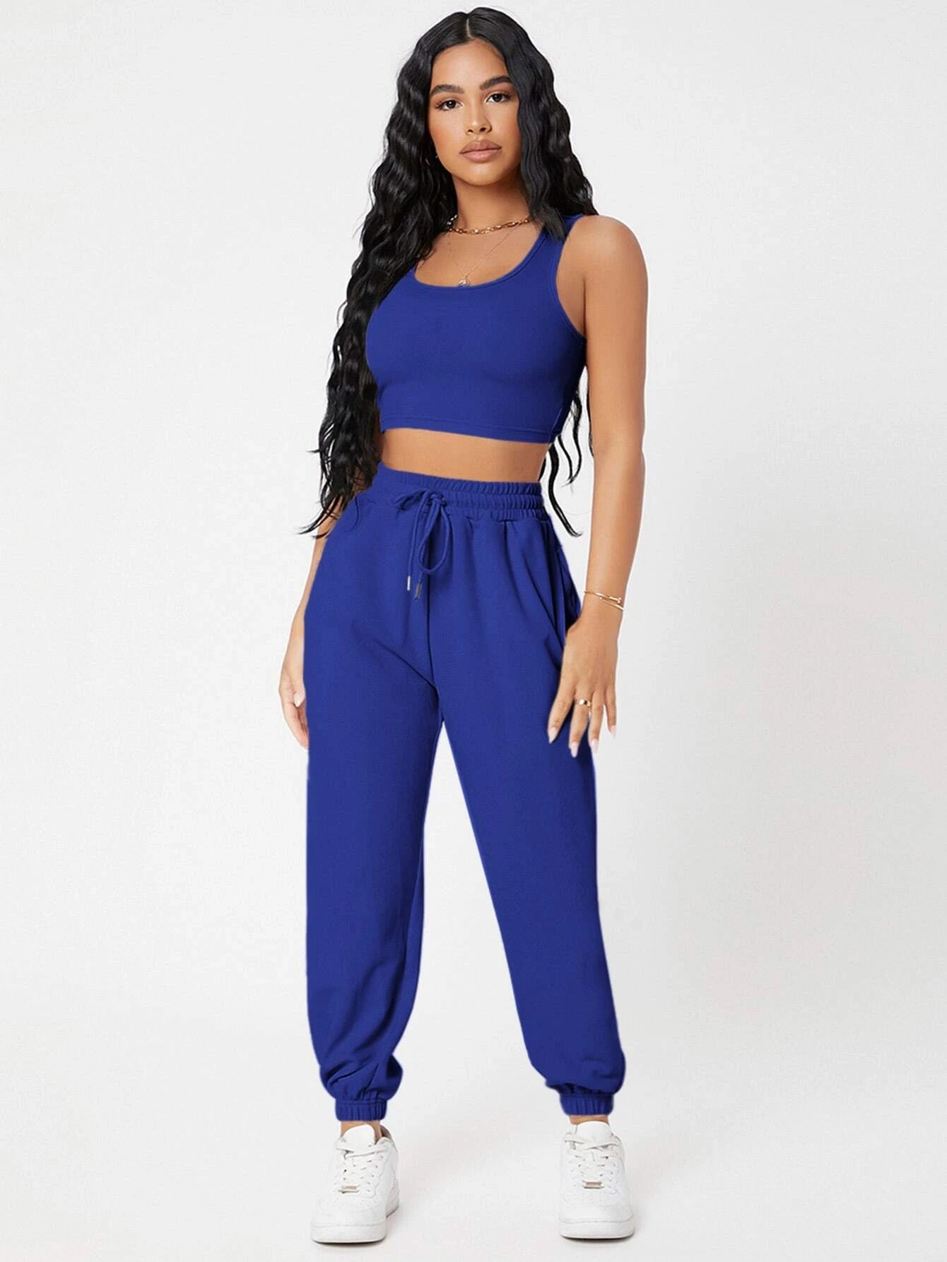 PETITE Solid Crop Tank Top And Joggers Set shein