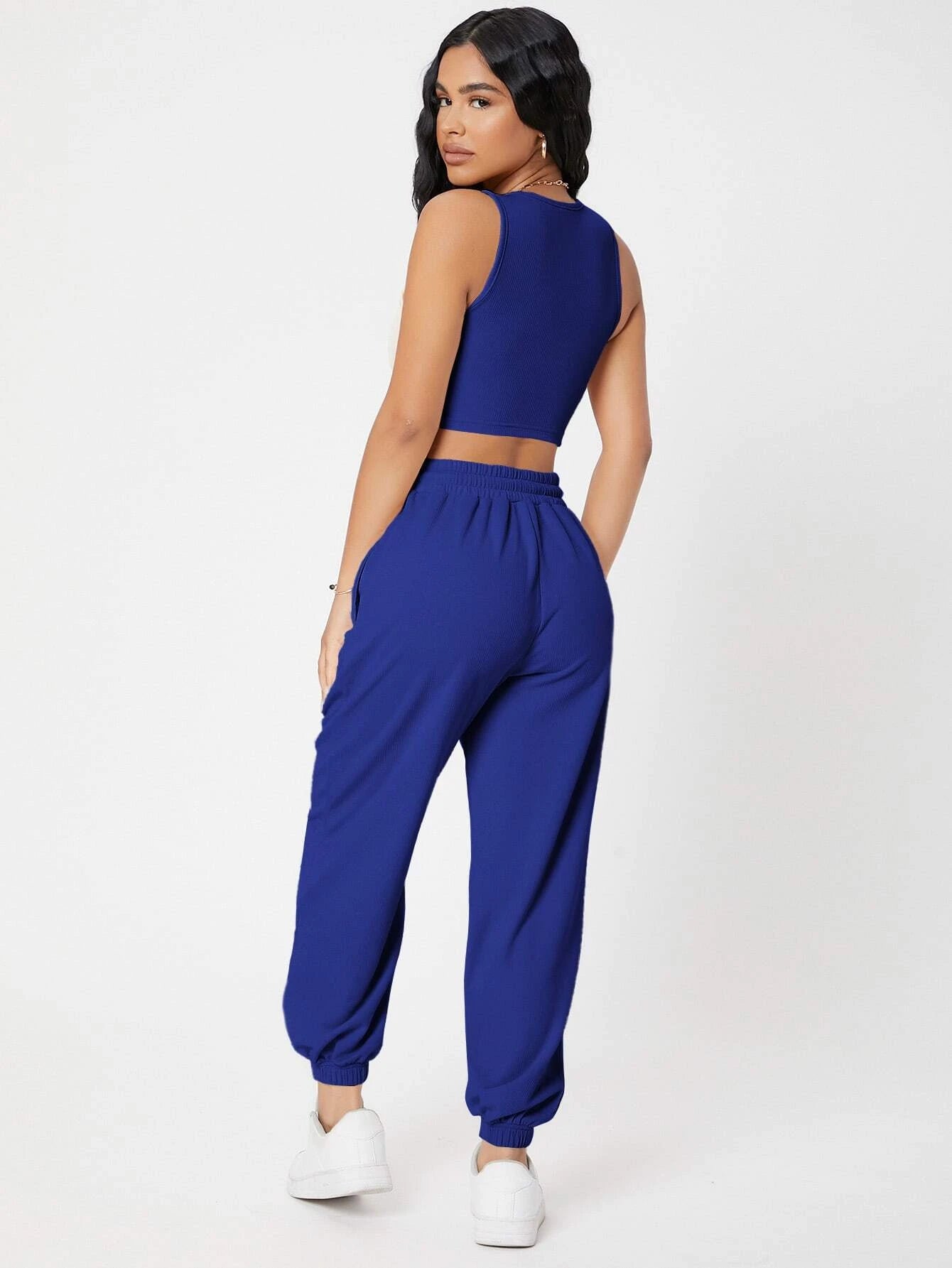 PETITE Solid Crop Tank Top And Joggers Set shein