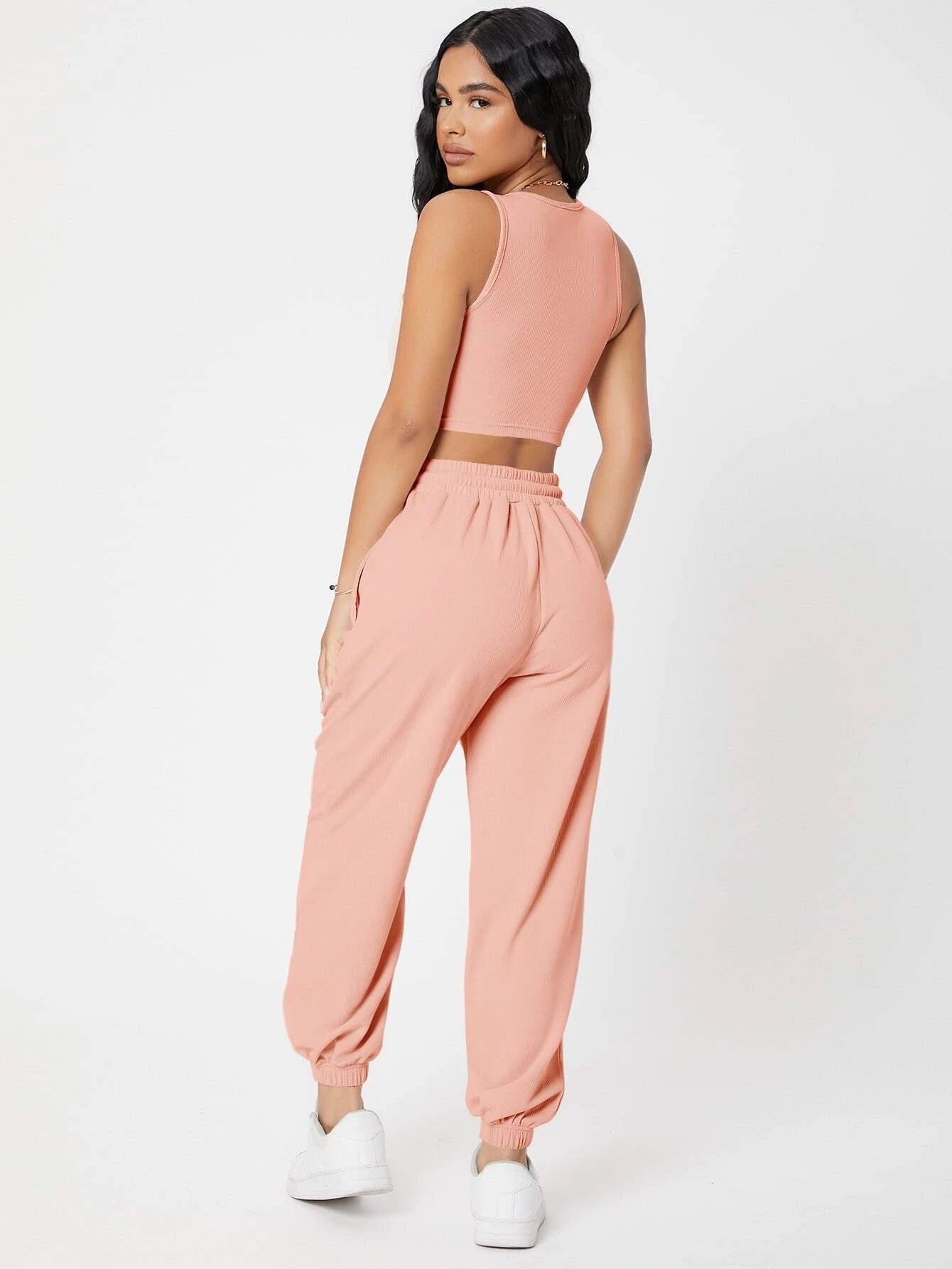 PETITE Solid Crop Tank Top And Joggers Set shein