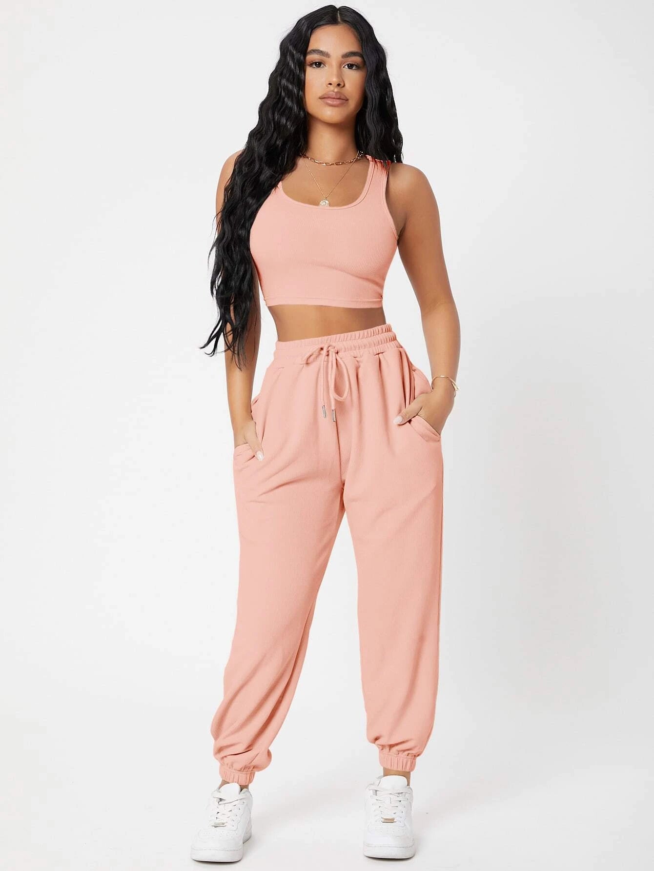 PETITE Solid Crop Tank Top And Joggers Set shein