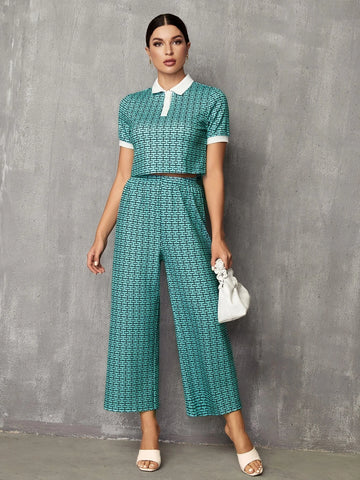 Mulvari Allover Print Polo Tee & Wide Leg Pants shein