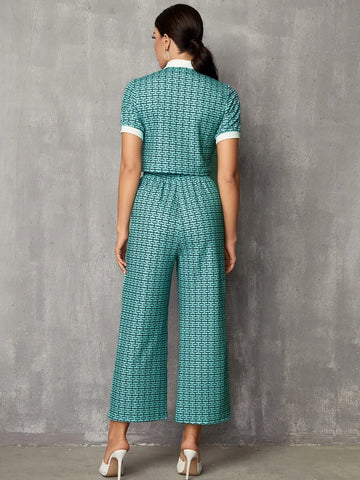 Mulvari Allover Print Polo Tee & Wide Leg Pants shein