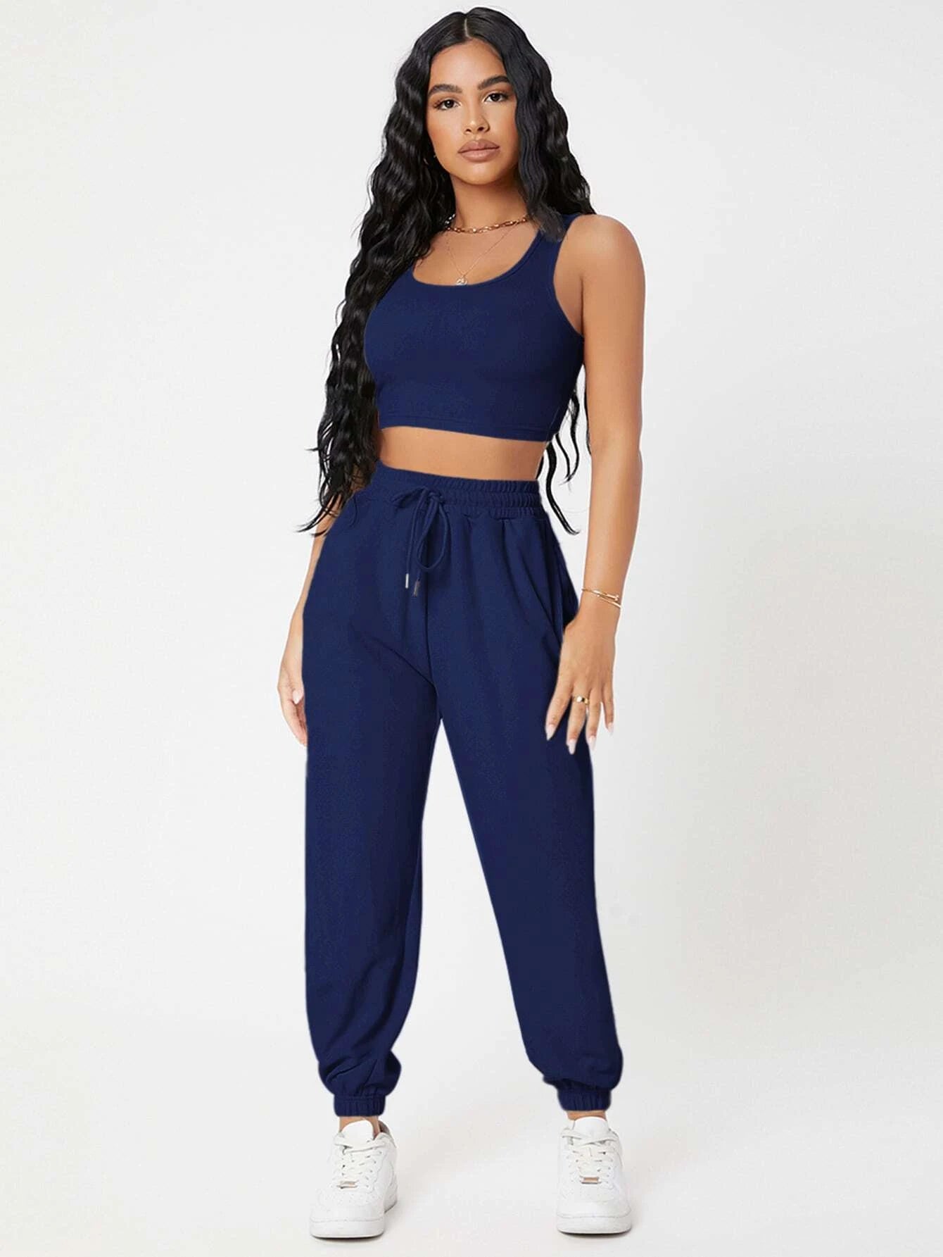 PETITE Solid Crop Tank Top And Joggers Set shein