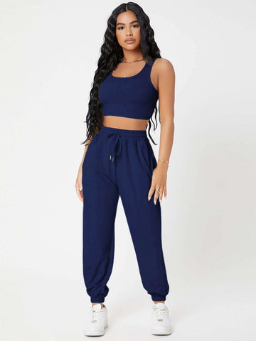 PETITE Solid Crop Tank Top And Joggers Set