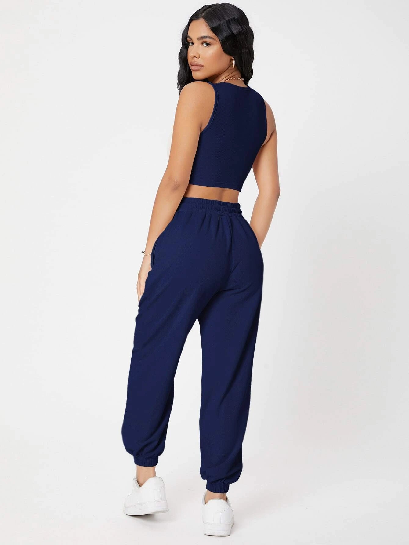 PETITE Solid Crop Tank Top And Joggers Set shein