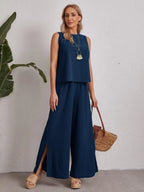 EMERY ROSE Keyhole Back Solid Top & Split Hem Palazzo Pants Set Shein