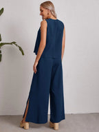 EMERY ROSE Keyhole Back Solid Top & Split Hem Palazzo Pants Set Shein