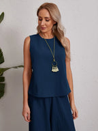 EMERY ROSE Keyhole Back Solid Top & Split Hem Palazzo Pants Set Shein