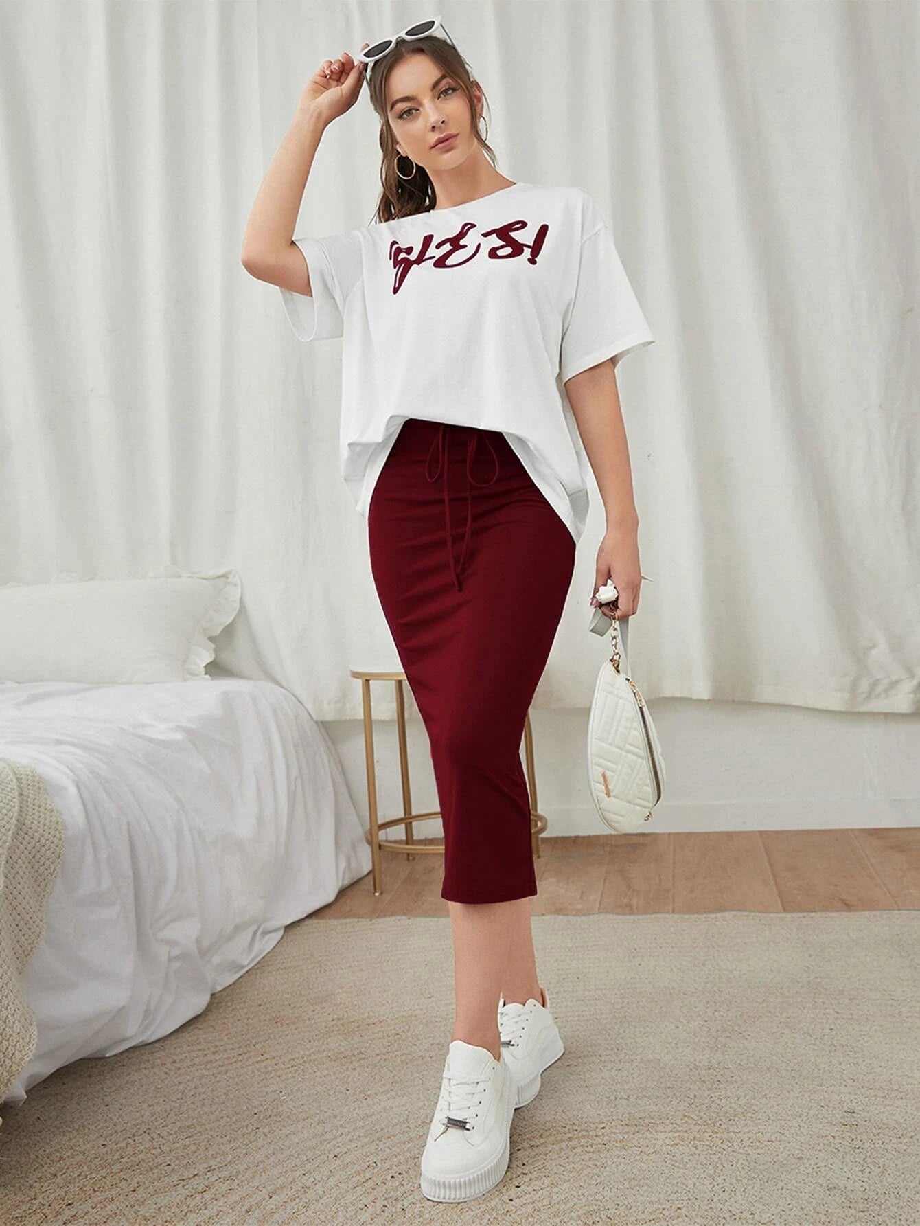 Mulvari Letter Graphic Tee & Split Hem Skirt shein